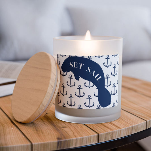 Nautical Set Sail Manatee Candle - 11oz Frosted Glass with Anchor Design