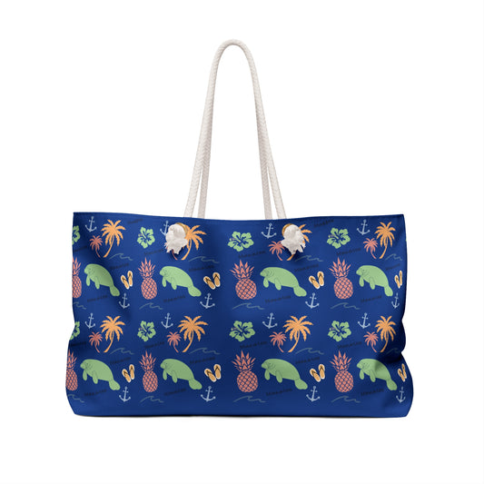 Tropical Manatee Weekender Bag | Pineapple & Palm Print Beach Tote